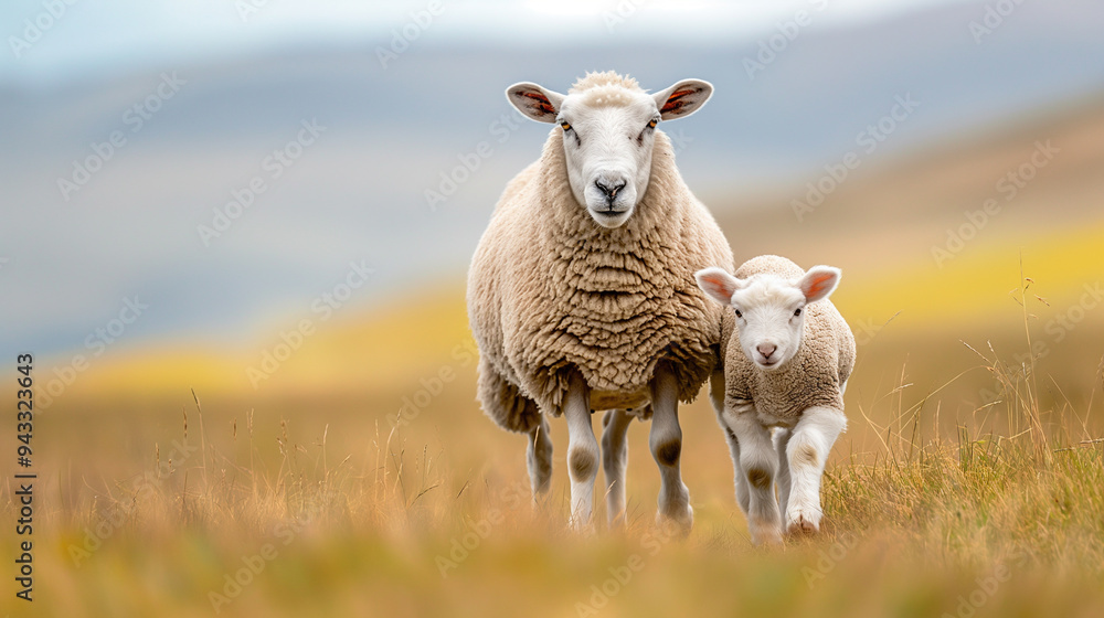 Obraz premium A sheep is walking on a prairie with two lambs next to her, white-haired and clean-eyed, with a blurry background,