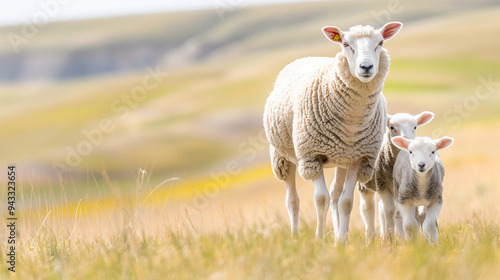 A sheep is walking on a prairie with two lambs next to her, white-haired and clean-eyed, with a blurry background, photo