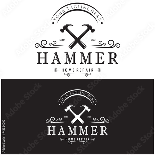 retro vintage crossed hammer and nail logo for home repair services, carpentry, badges, builders, woodworking, construction, vector