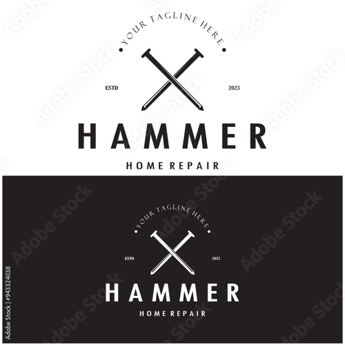 retro vintage crossed hammer and nail logo for home repair services, carpentry, badges, builders, woodworking, construction, vector