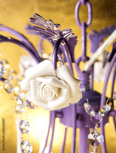 Chandelier lamp with flowers and metal, Bohemian glass Beautiful exquisite natural motifs with crystals on a black background isolate