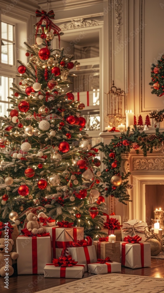 A large Christmas tree is decorated with red and gold ornaments A large Christmas tree is decorated with red and gold ornaments