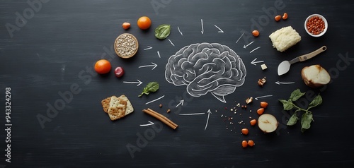 Colorful food arrangement surrounding a chalk-drawn brain, representing nutrition's impact on mental health and cognitive function. photo