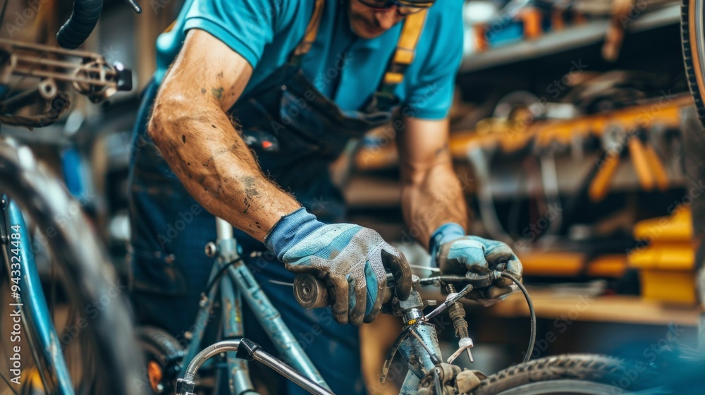 A middle-aged man in a garage is repairing a bike. He wears gloves and focuses on the front wheel amidst tools and parts, indicating a well-equipped workspace for bike repair. A middle-aged man in a garage is repairing a bike. He wears gloves and focuses on the front wheel amidst tools and parts, indicating a well-equipped workspace for bike repair.