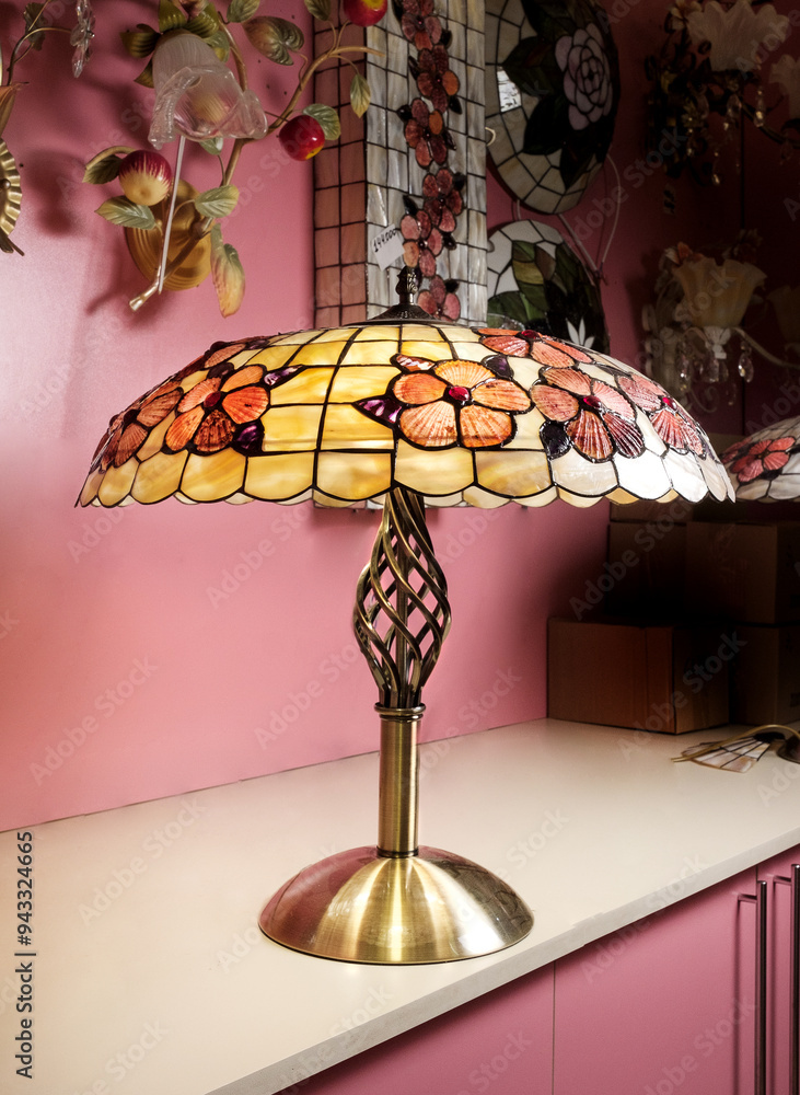 Chandelier lamp with flowers and metal, Bohemian glass Beautiful exquisite natural motifs with crystals on a black background isolate