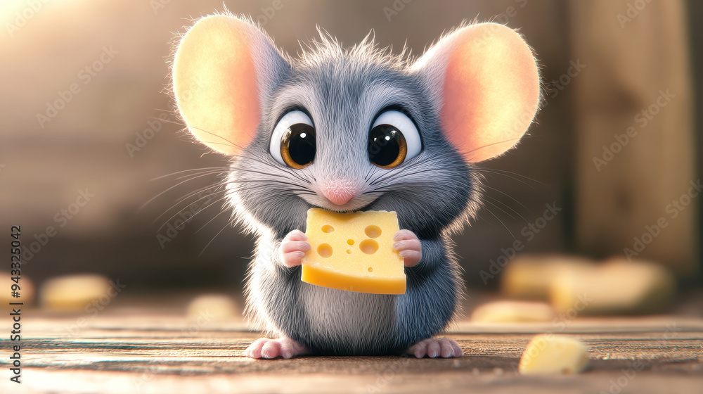 Cute gray mouse with big eyes holding and eating cheese Cute gray mouse with big eyes holding and eating cheese