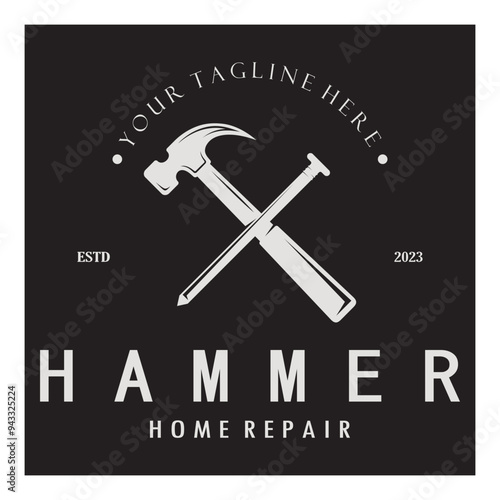 retro vintage crossed hammer and nail logo for home repair services, carpentry, badges, builders, woodworking, construction, vector