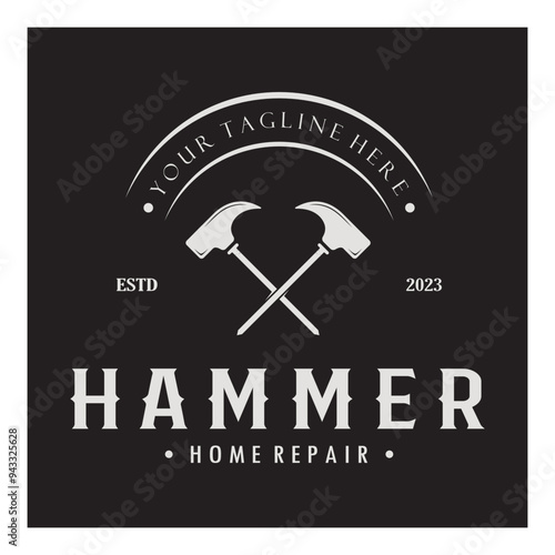 retro vintage crossed hammer and nail logo for home repair services, carpentry, badges, builders, woodworking, construction, vector