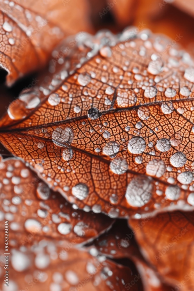 Macro shot of leaf vein structure with water droplets captured in autumn light Macro shot of leaf vein structure with water droplets captured in autumn light