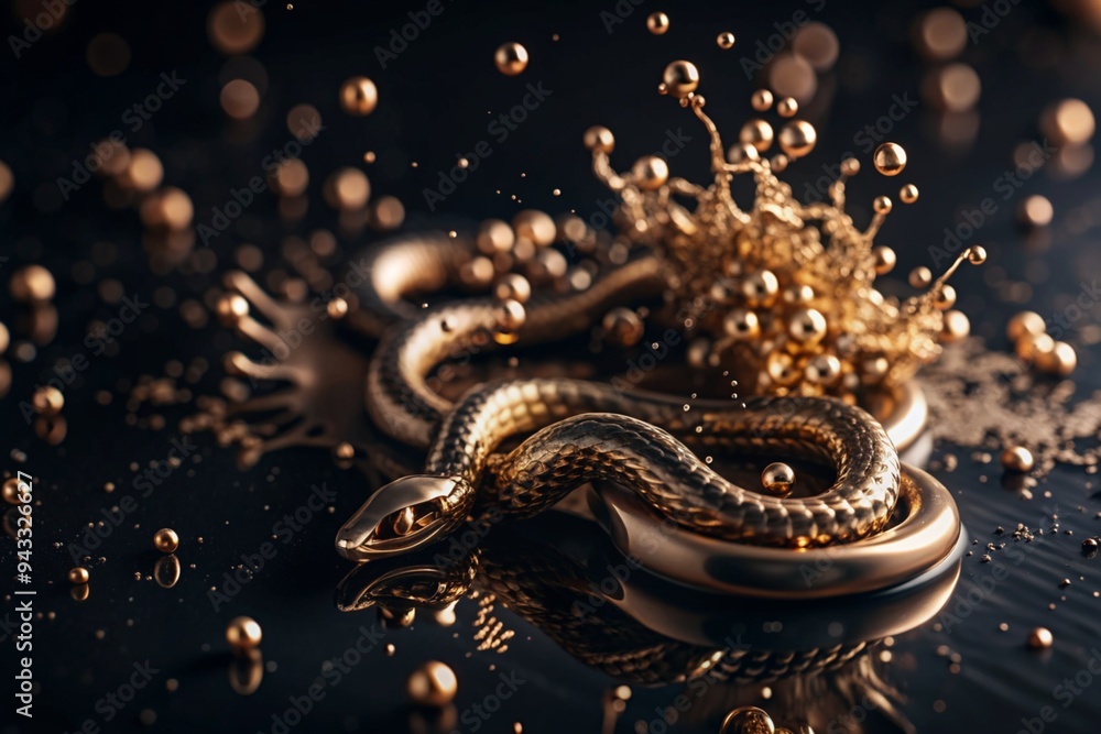 Happy New Year 2025. The symbol of the year is a snake made of gold metal, confetti and sequins on a black background. A festive poster or banner for a party and New Year's Eve. Happy New Year 2025. The symbol of the year is a snake made of gold metal, confetti and sequins on a black background. A festive poster or banner for a party and New Year's Eve.