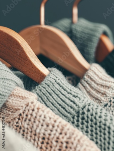 Cozy knitted sweaters on wooden hangers in soft colors against a dark background