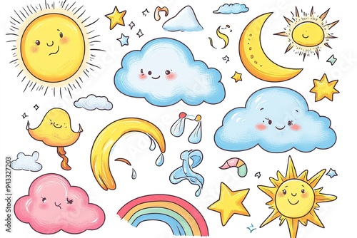 Cloud rain weather cartoon cute set. Cloud, sun, moon weather character with smile and angry face. Hand drawn doodle sketch style. Rainbow, wind, tornado doodle character. Generative Ai