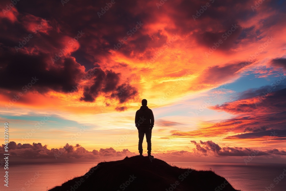 This image captures the silhouette of a man standing on a hill, gazing at the breathtaking vibrant sunset sky filled with dramatic clouds, symbolizing reflection and solitude. This image captures the silhouette of a man standing on a hill, gazing at the breathtaking vibrant sunset sky filled with dramatic clouds, symbolizing reflection and solitude.