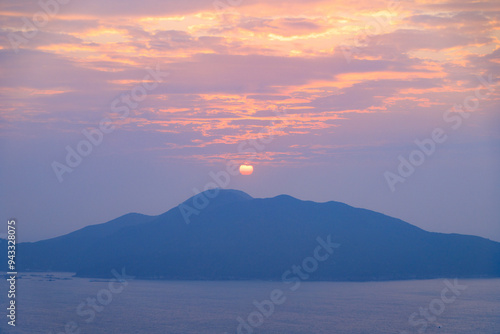 Golden Sunset Over Tranquil Mountain and Sea, Hong Kong