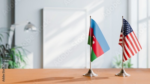 FLAGS OF AZERBAIJAN AND USA ON TABLE photo