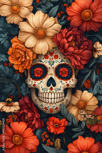 Sugar Skull Artwork, Colorful sugar skull illustrations featuring vibrant flowers, ideal for use in festive celebrations and cultural events