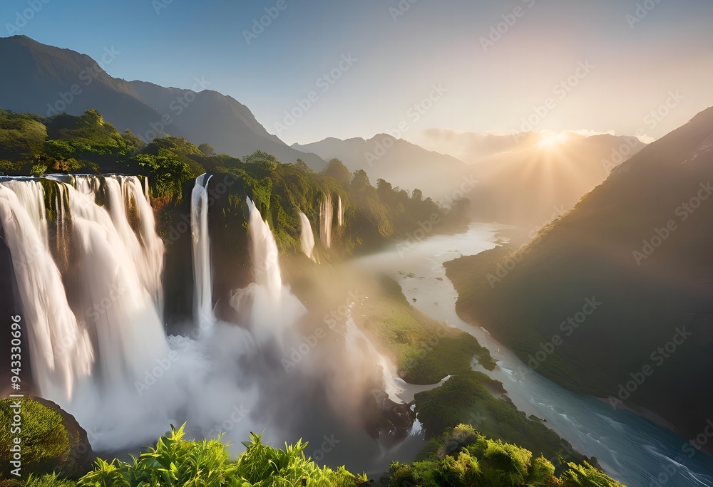 Fototapeta premium Majestic Waterfall at Sunrise in a Lush Valley.