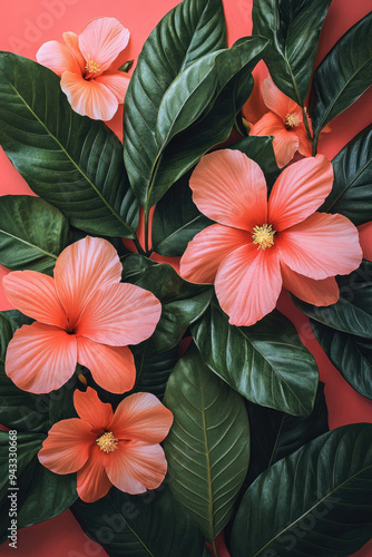 Wallpaper Mural Floral Pattern,  Delicate pink flowers paired with lush green leaves set against a coral background, perfect for textile designs and vibrant backgrounds Torontodigital.ca