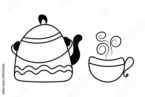 Teapot with cup hand drawn in doodle style. Vector illustration of tea ceremony in children's style. World Tea Day.
