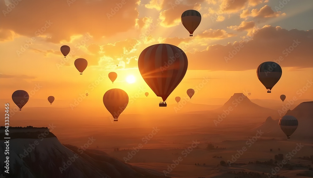 Hot Air Balloons at Sunset Over a Desert Landscape. Hot Air Balloons at Sunset Over a Desert Landscape.