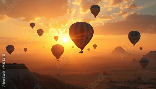 Hot Air Balloons at Sunset Over a Desert Landscape.