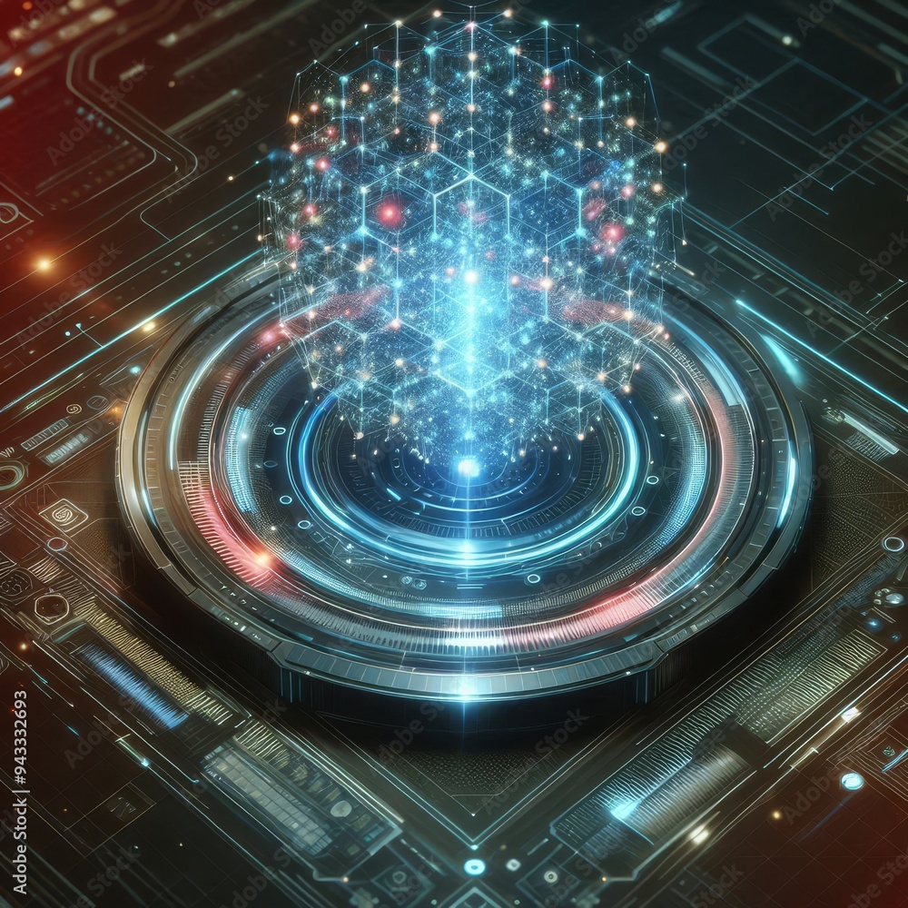Futuristic HUD displaying a 3D object with a high-tech holographic interface of glowing fractal particles, representing nanotechnology radar software
Futuristic HUD displaying a 3D object with a high-tech holographic interface of glowing fractal particles, representing nanotechnology radar software