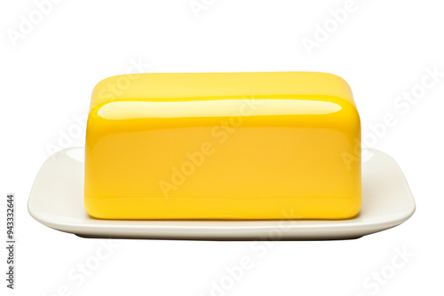 A block of fresh creamy butter on white plate isolated on white transparent background