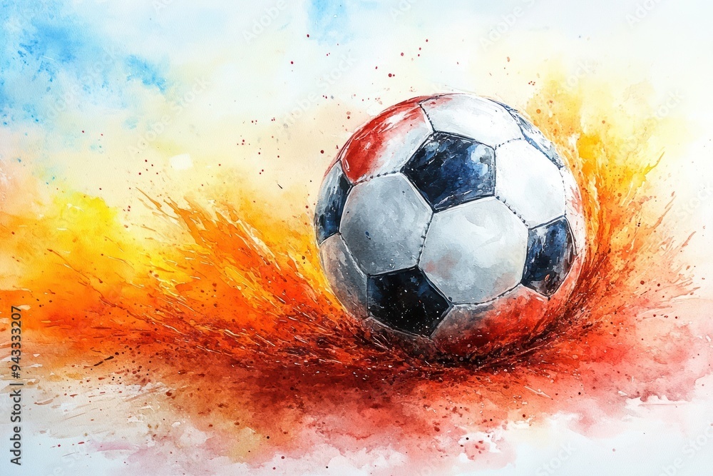 Naklejka premium A dynamic soccer ball captured with a splash of water