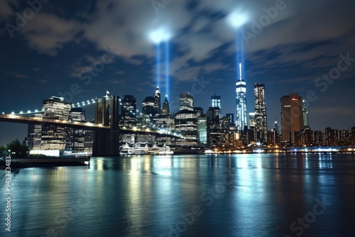 Honoring the Twin Towers: A Tribute in Blue Light Over Lower Manhattan