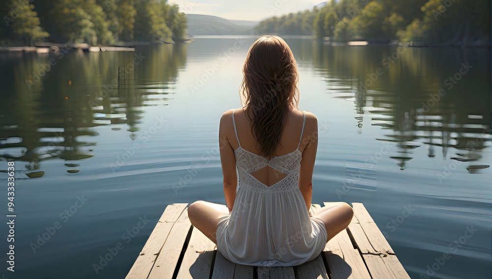 Woman Sitting On Wooden Dock by a Lake. Woman Sitting On Wooden Dock by a Lake.