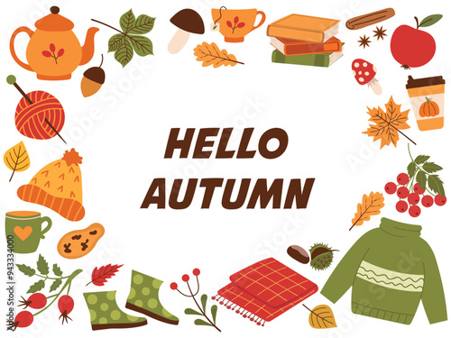 Hello autumn, boots, leaves, tea. Set of vector autumn elements. Cozy autumn stickers