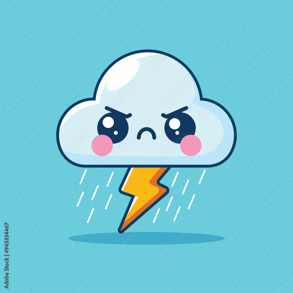 Obraz premium Cute Angry Cloud Storm With Thunder Cartoon Vector Icon Illustration. Object Nature Icon Concept Isolated Premium Vector. Flat Cartoon Style