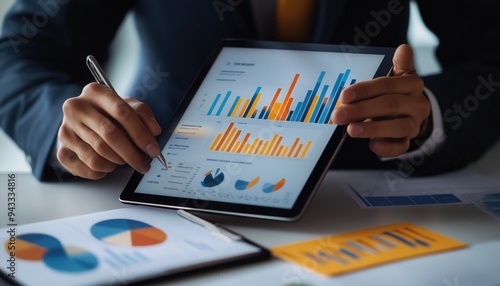 Businessman using tablet analyzing sales data and financial report, business growth graph chart. digital marketing planning and strategy, financial report, business, finance and investment concept