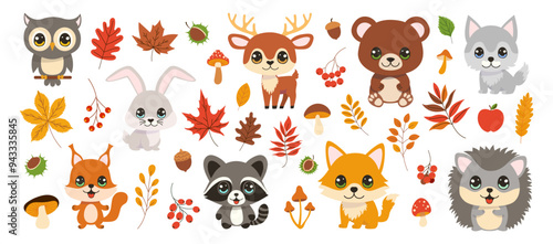 A group of cartoon animals, including a rabbit, deer, bear, and squirrel, are surrounded by autumn leaves