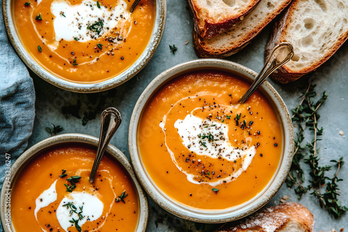 Bols de soupe de potiron avec crème fraiche, vue de dessus photo