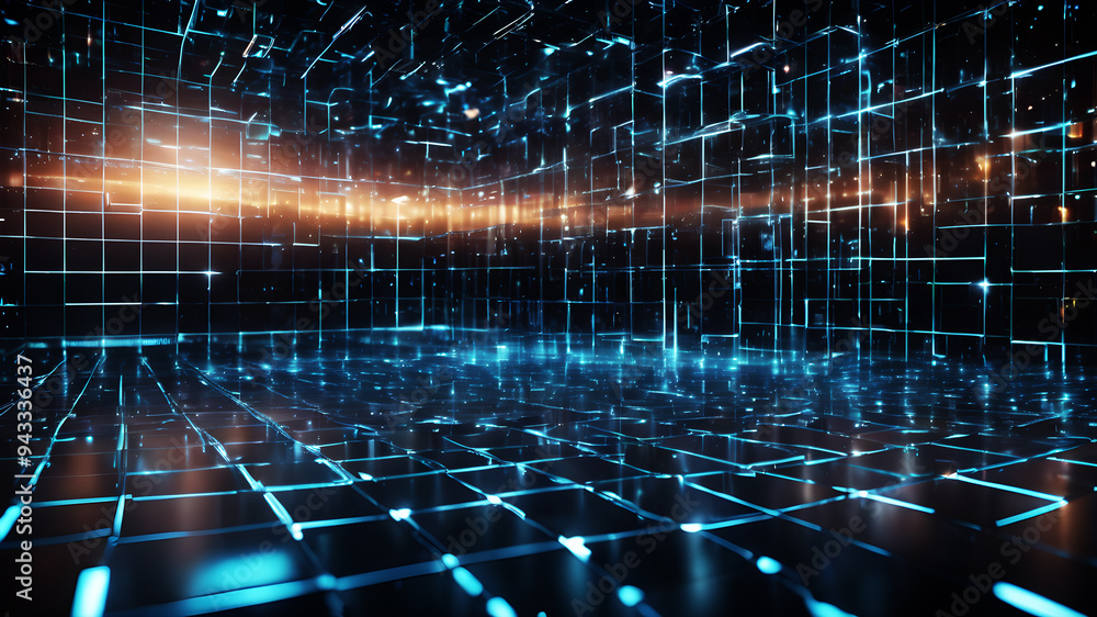 A futuristic data grid with binary code streaming across the screen A futuristic data grid with binary code streaming across the screen