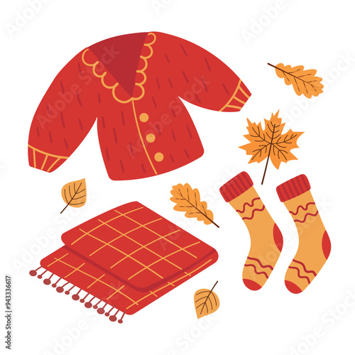 Knitted red sweater with leaves, socks and blanket. Vector elements for cozy autumn
