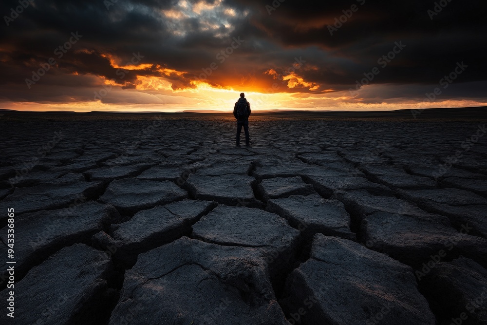 A lone man stands silhouetted against a dramatic sunset, highlighting the cracked and parched ground beneath him, symbolizing resilience and solitude in an arid landscape. A lone man stands silhouetted against a dramatic sunset, highlighting the cracked and parched ground beneath him, symbolizing resilience and solitude in an arid landscape.