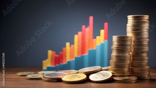 Coin stack with an upward-trending graph chart, business marketing