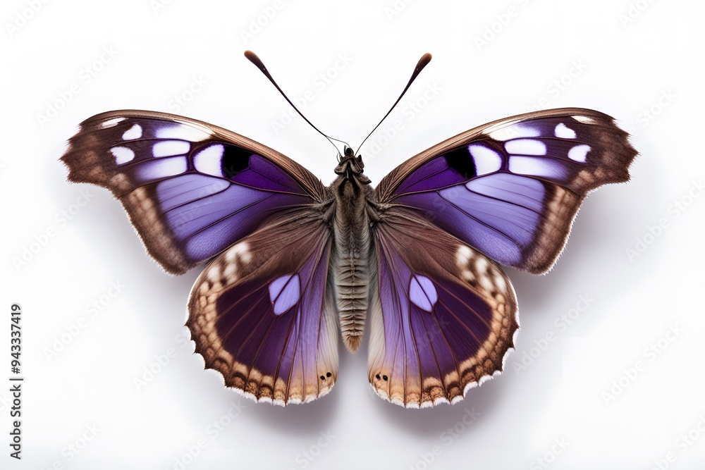 Obraz premium A purple emperor butterfly with rich violet wings on a white background, AI Generated