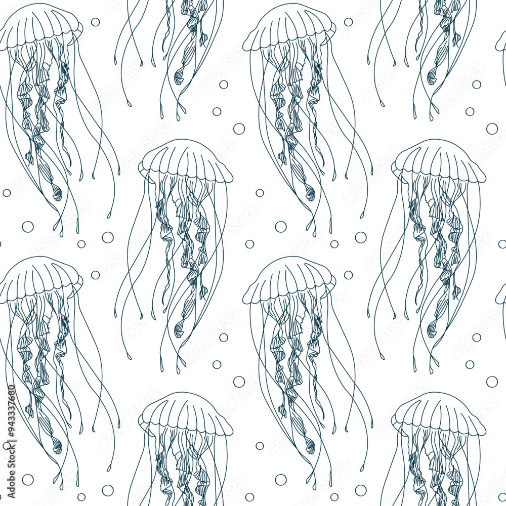 Seamless pattern,  contour jellyfish on a white background. Print, textile, vector