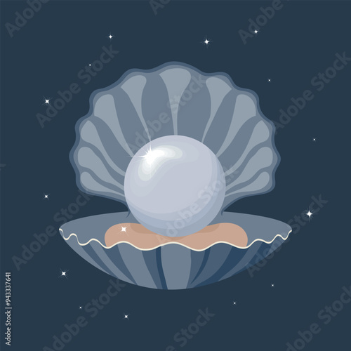 Illustration, drawn white pearl in a sea shell on a blue night background with stars. Colorful design, clip art, poster
