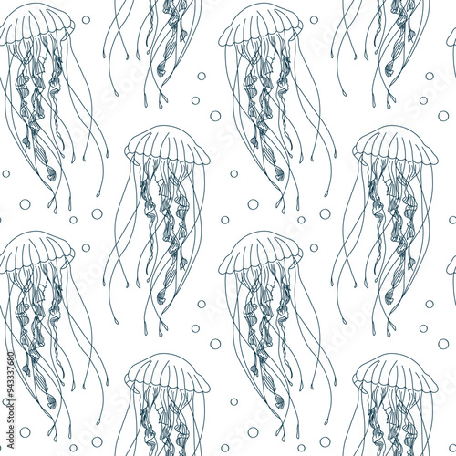 Seamless pattern,  contour jellyfish on a white background. Print, textile, vector