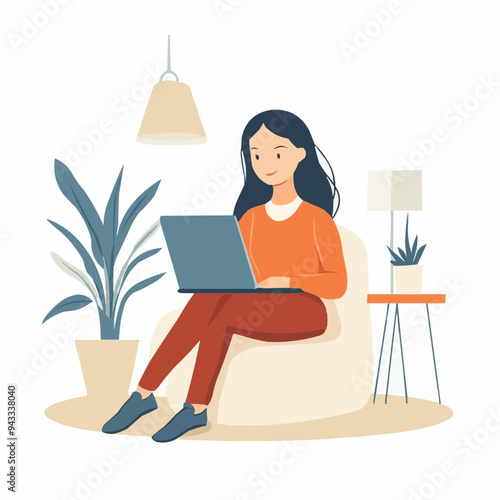 A young woman working on a laptop in a cozy indoor setting with plants.