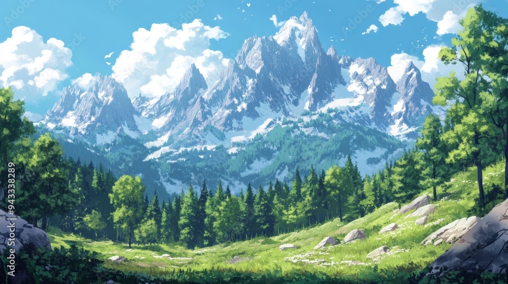 Fototapeta premium forest on mountain background, anime style
