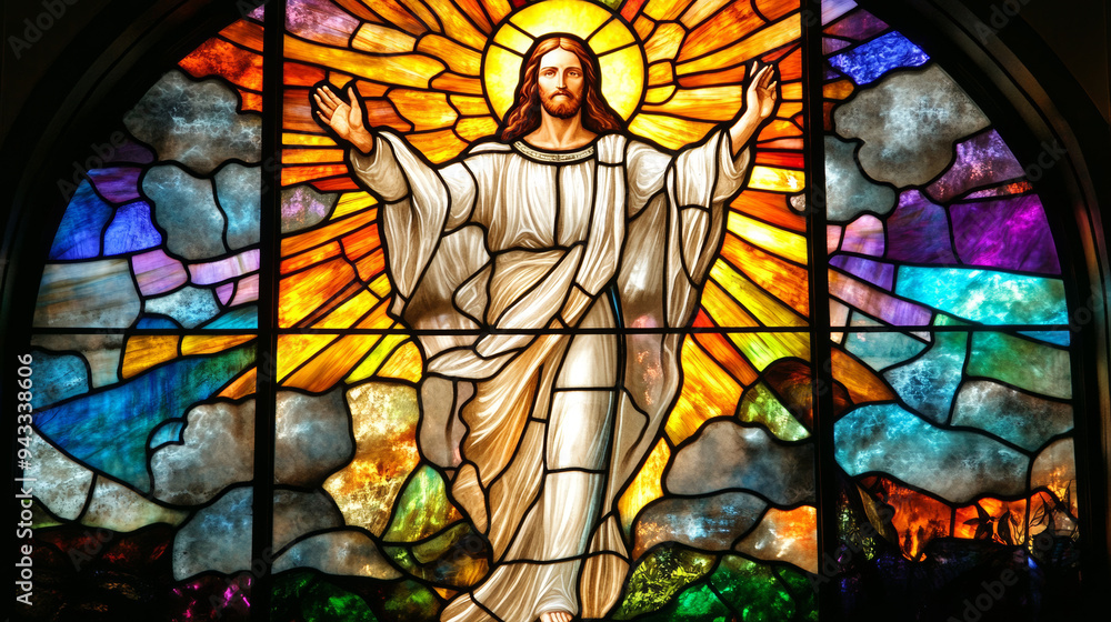 Obraz premium Light of Resurrection: An Easter stained glass window capturing the essence of the resurrection. --ar 16:9 --v 6.1 Job ID: 91b29f67-62a1-4f7e-a9f7-00ea82069433