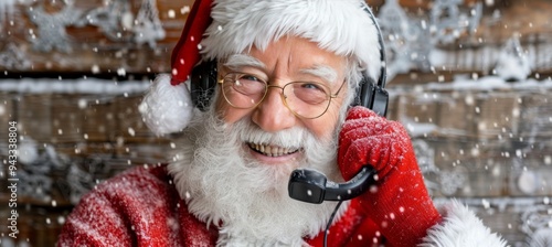 Cheerful Santa Claus Wearing Headset, Preparing for Online Calls, Against Snowy Wooden Background