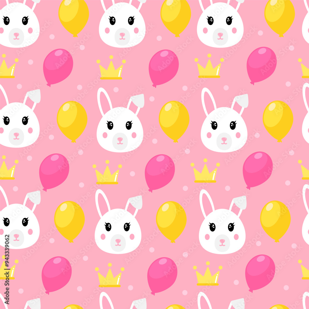 Obraz premium Cute birthday girly seamless pattern with bunny character and yellow and pink balloons and circles. Ornament for textile or print in childish style, baby shower design