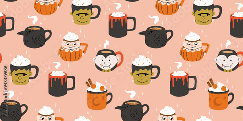 Vector collection of cute Halloween mugs. Hot cocoa, coffee and tea cups with cute faces, black crow, scarecrow, vampire with blood, frankenstein monster. Flat cartoon seamless pattern
