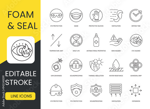 Expanding mounting foam vector line icon set with editable stroke, mounting foam and properties, drying time and ventilation, protective gloves and mask, eye protection and hazard, antibacterial